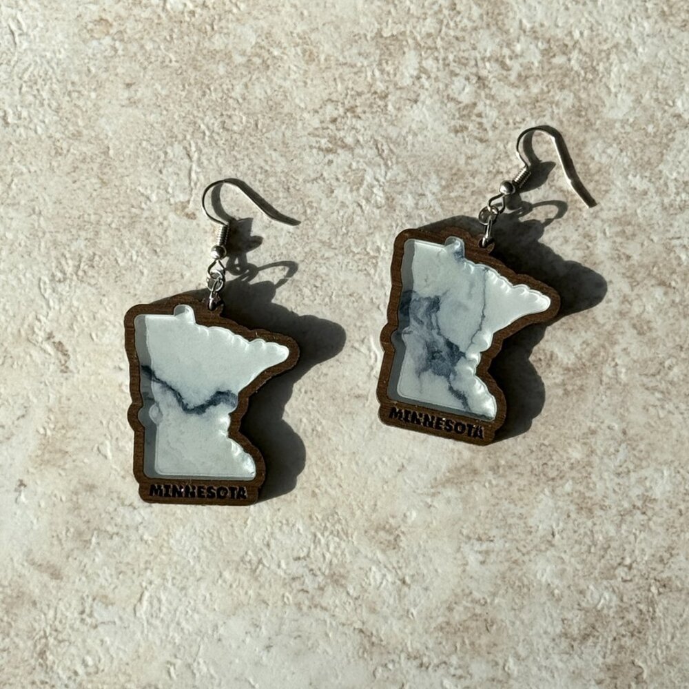 Inlay Minnesota Earrings | Walnut & White Marble Acrylic | MN State Jewelry